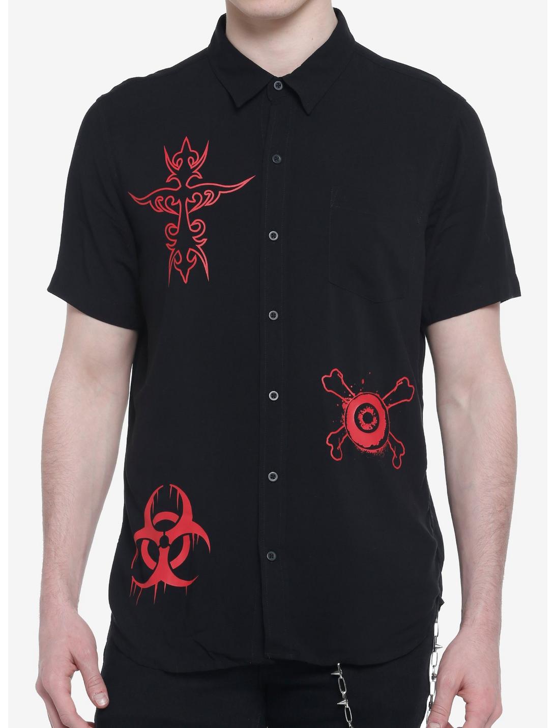 Red Death Symbols Woven Button-Up, BLACK  RED, hi-res