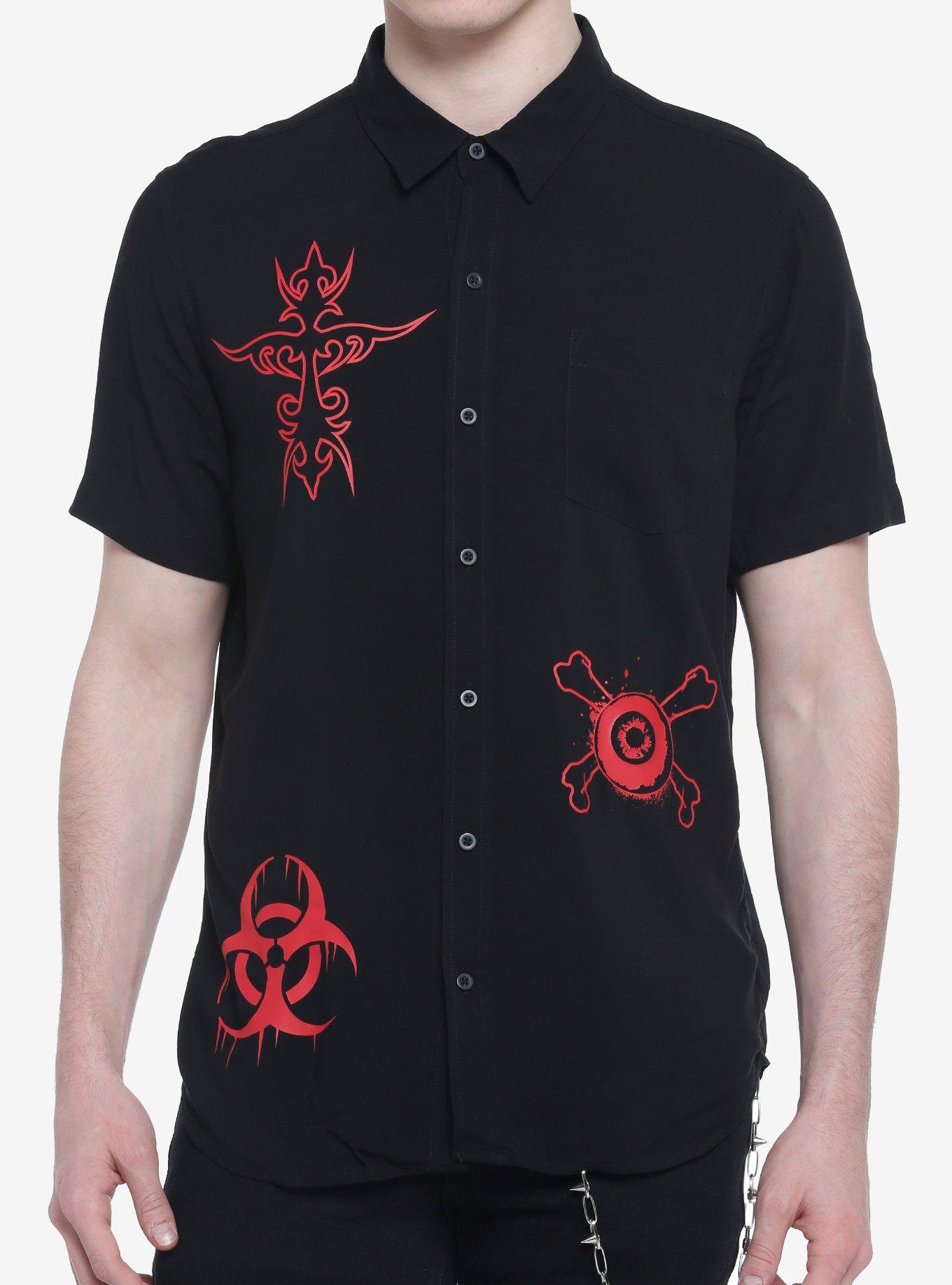 Red Death Symbols Woven Button-Up, BLACK  RED, hi-res