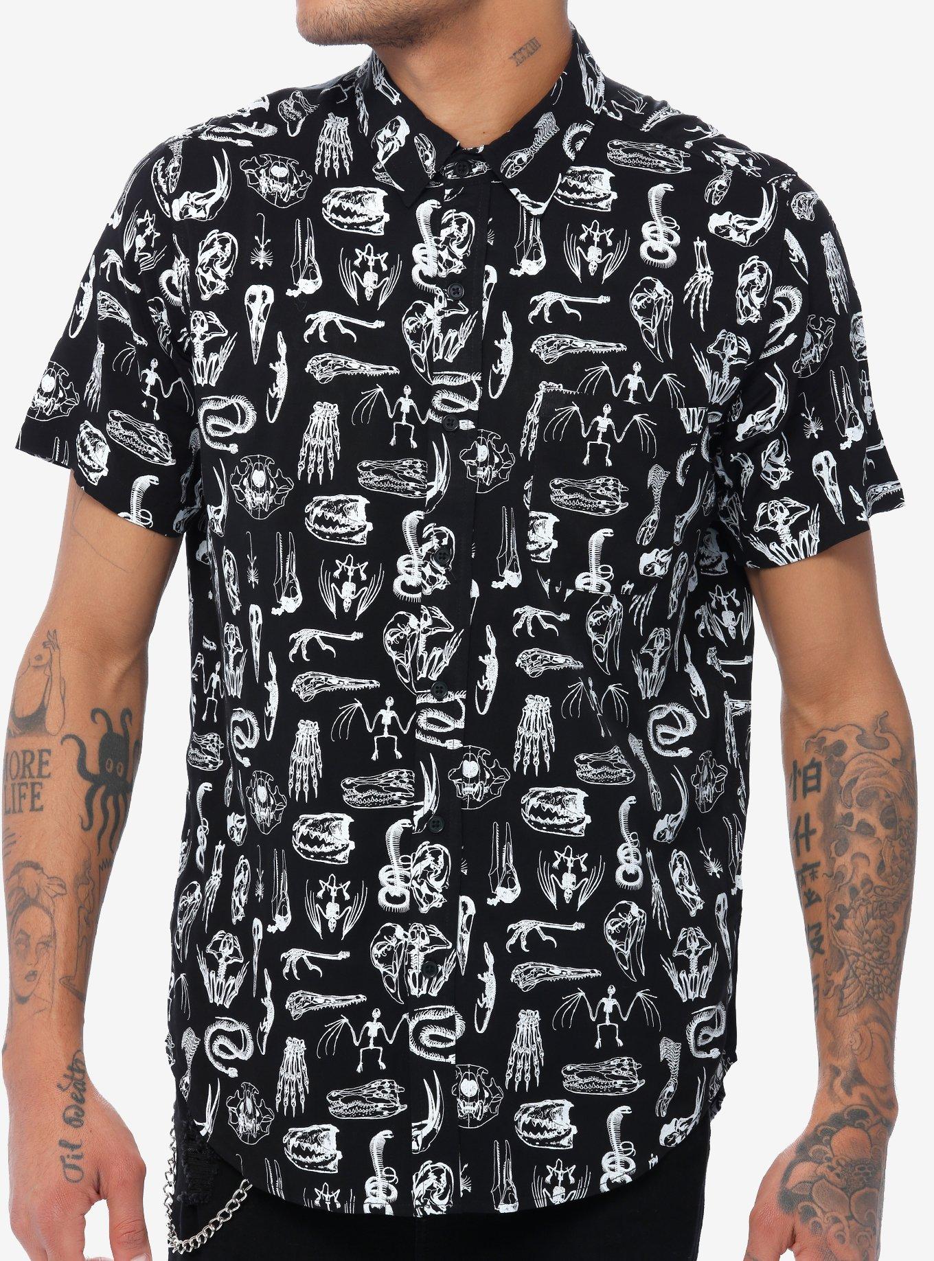 Creature Skeletons Woven Button-Up, BLACK, hi-res