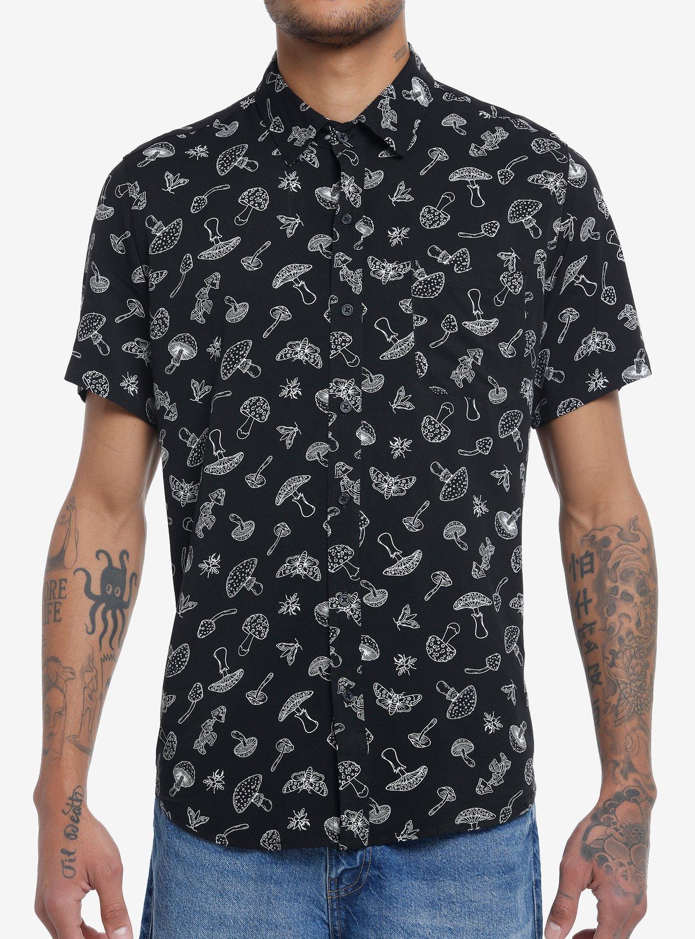 Social Collision Black & White Mushroom Bug Woven Button-Up, BLACK, hi-res