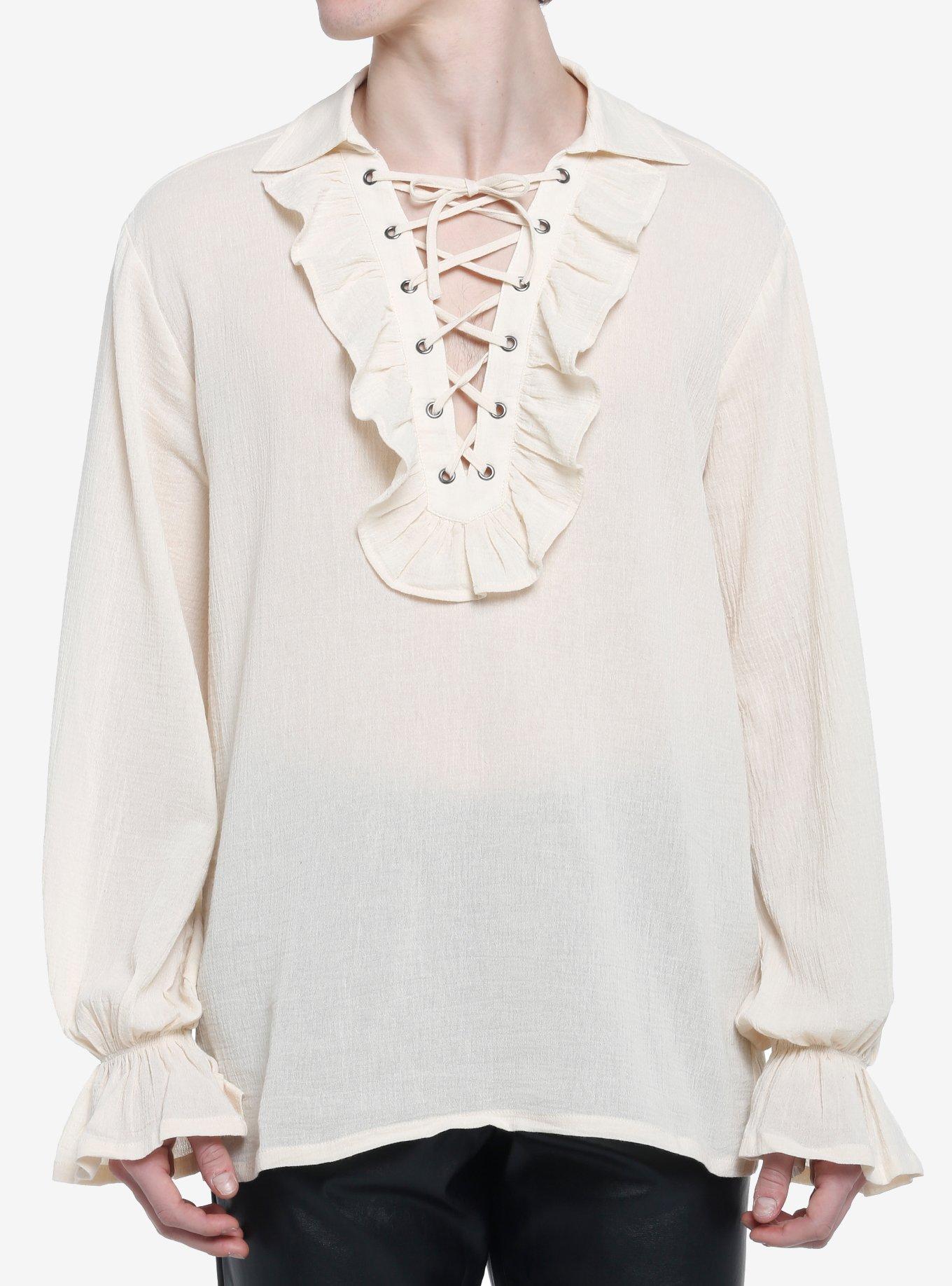 Social Collision Ivory Ruffled Lace-Up Long-Sleeve Woven Top, , hi-res
