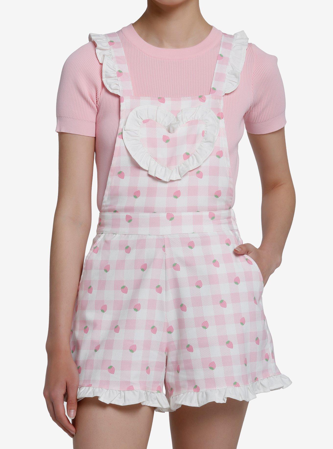 Sweet Society Strawberry Gingham Ruffle Shortalls, PINK, hi-res