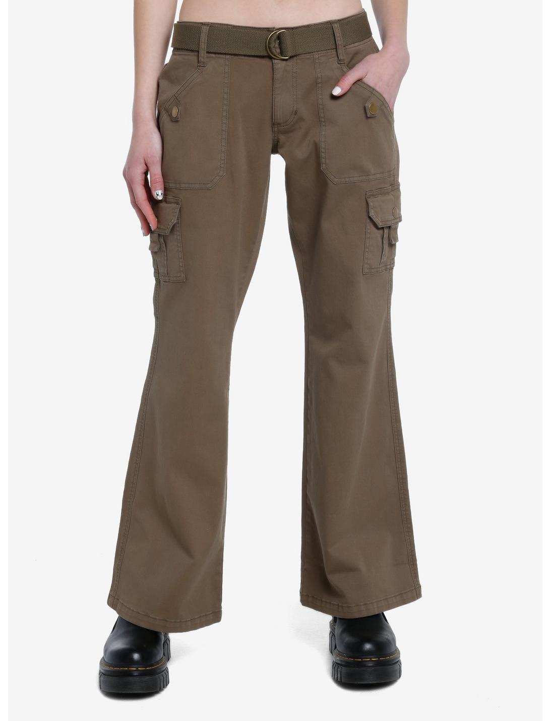 Social Collision Brown Flare Pants With Belt, GREEN, hi-res