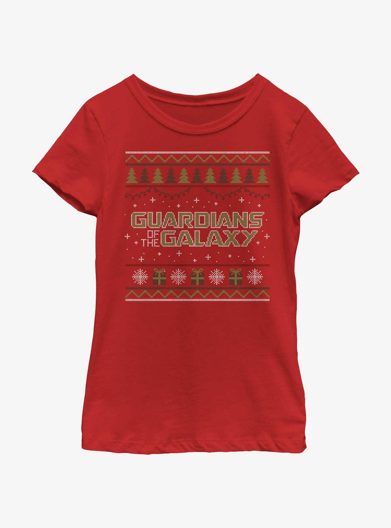 Marvel Guardians of the Galaxy Ugly Christmas Sweater Pattern Galaxy Youth Girls T-Shirt