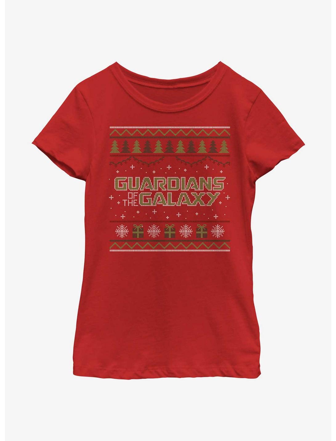 Marvel Guardians of the Galaxy Ugly Christmas Sweater Pattern Galaxy Youth Girls T-Shirt, RED, hi-res