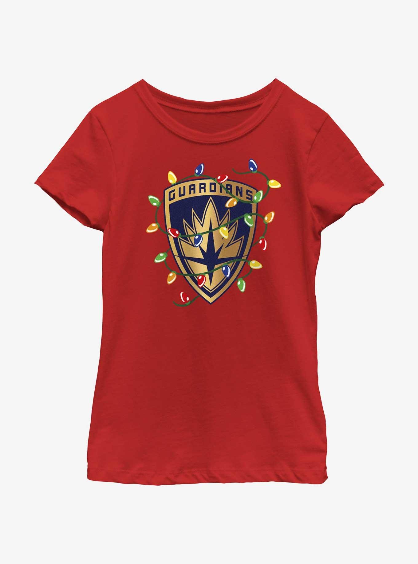 Marvel Guardians of the Galaxy Christmas Lights Badge Youth Girls T-Shirt, RED, hi-res