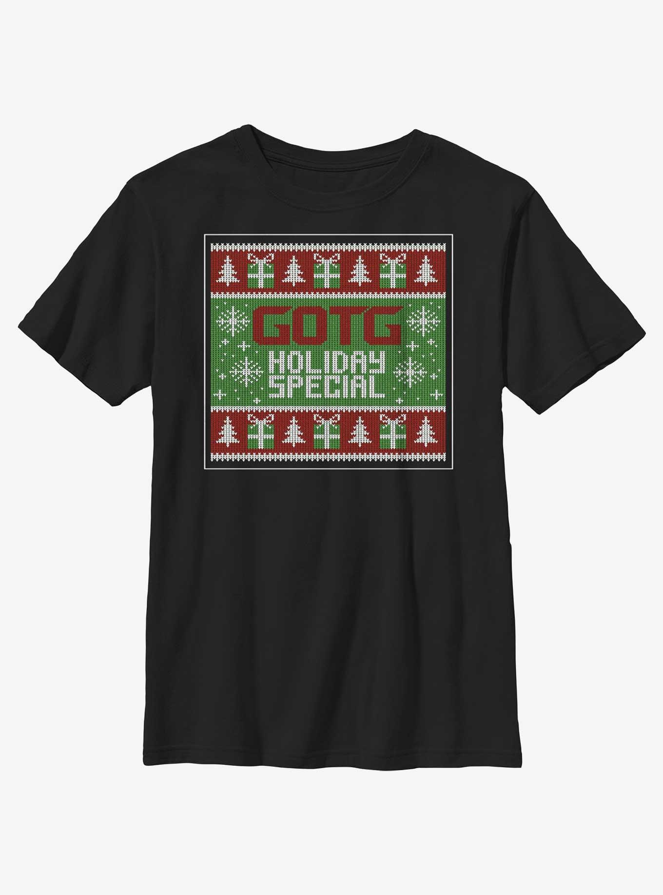 Marvel Guardians of the Galaxy Ugly Christmas Sweater Pattern Holiday Special Youth T-Shirt, BLACK, hi-res