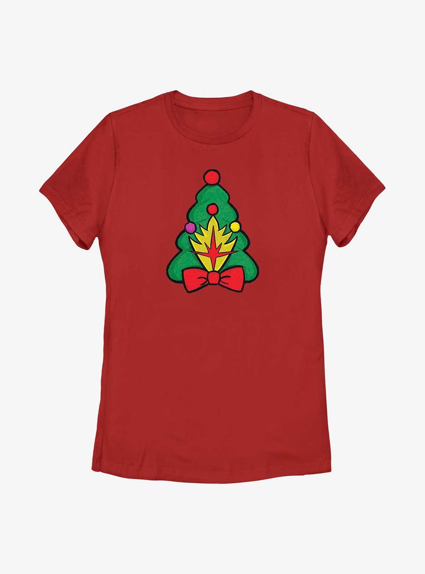 Marvel Guardians of the Galaxy Holiday Special Christmas Tree Badge Womens T-Shirt, RED, hi-res