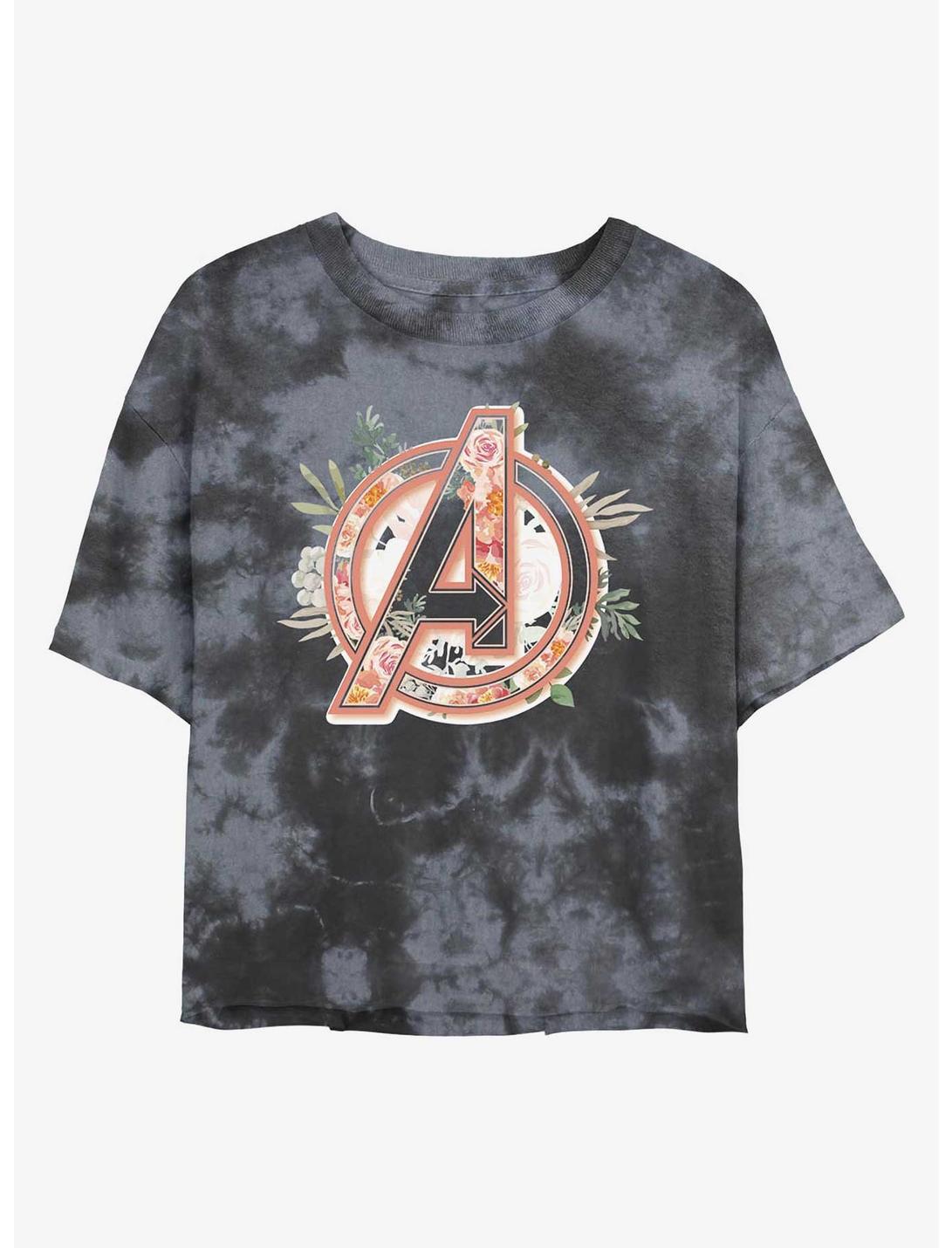 Marvel Avengers Logo Floral Womens Tie-Dye Crop T-Shirt, BLKCHAR, hi-res