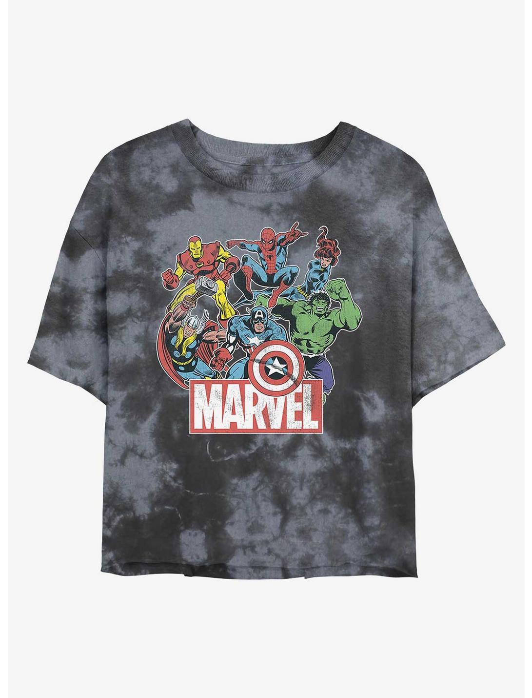 Marvel Avengers Heroes Of Today Womens Tie-Dye Crop T-Shirt, BLKCHAR, hi-res