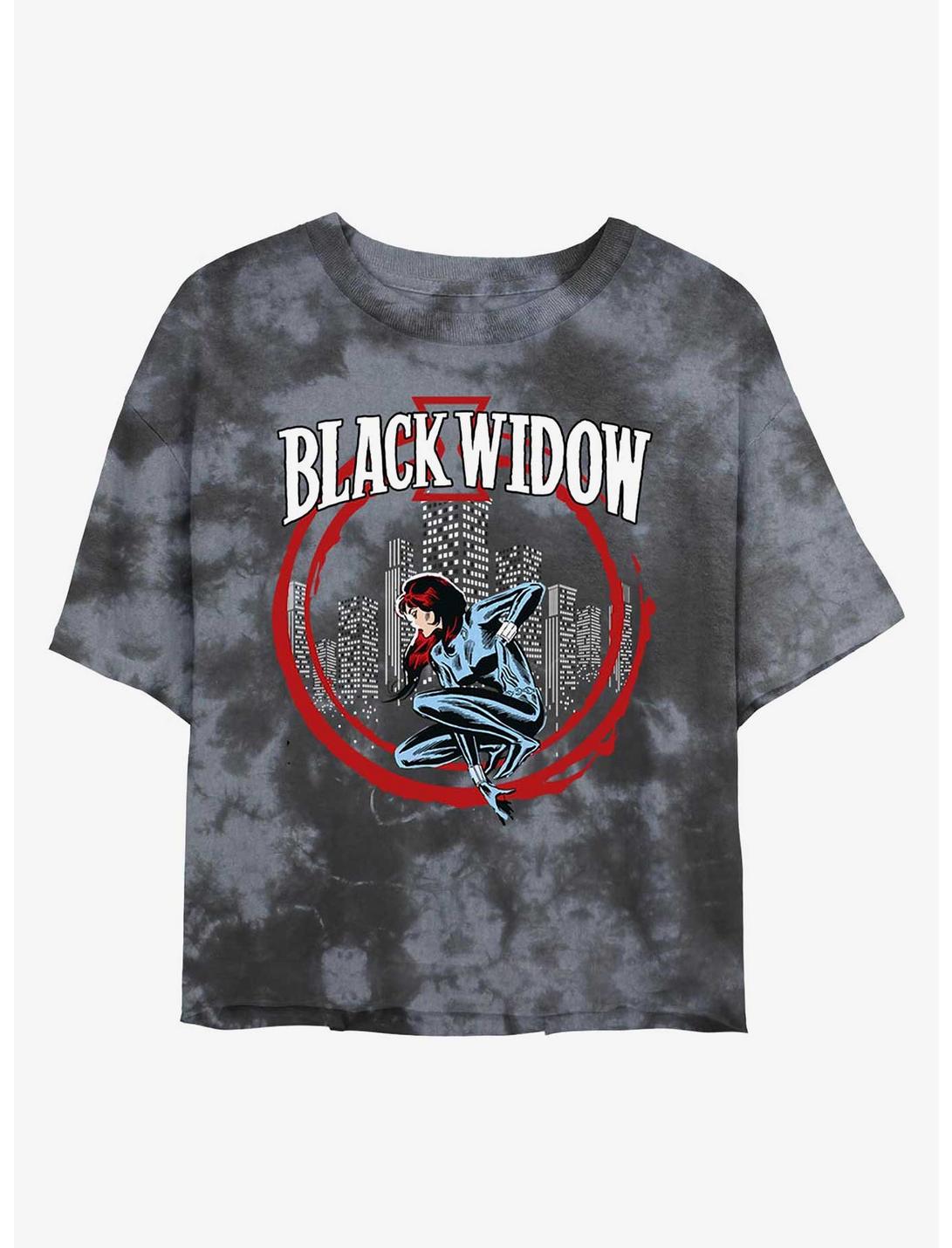 Marvel Black Widow City Circle Womens Tie-Dye Crop T-Shirt, BLKCHAR, hi-res