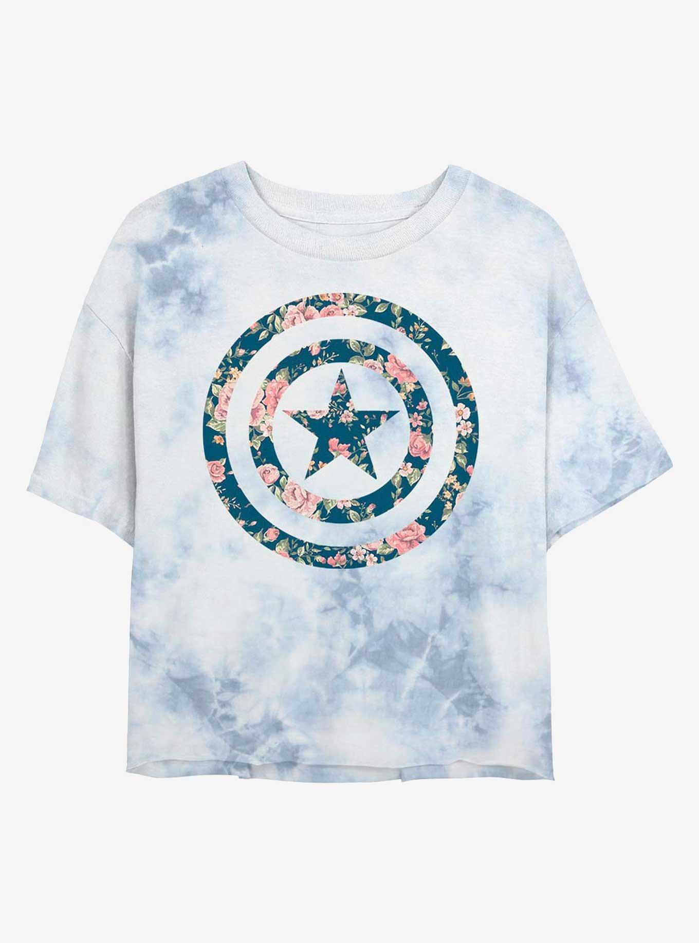 Marvel Captain America Shield Floral Womens Tie-Dye Crop T-Shirt, , hi-res