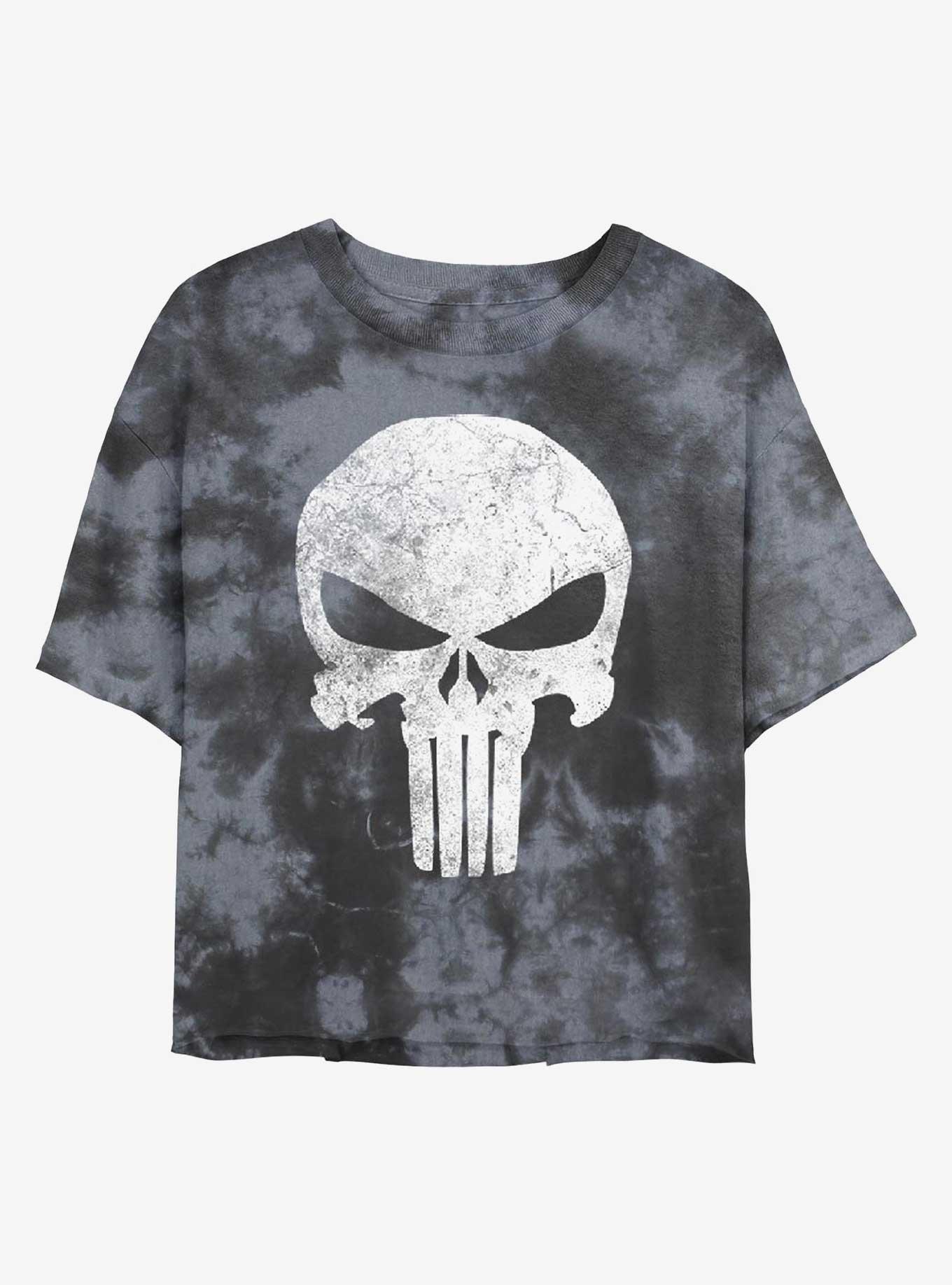 Marvel Punisher Distressed Skull Womens Tie-Dye Crop T-Shirt, BLKCHAR, hi-res