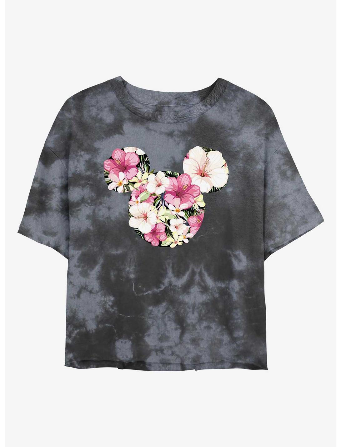 Disney Mickey Mouse Tropical Flower Womens Tie-Dye Crop T-Shirt, BLKCHAR, hi-res