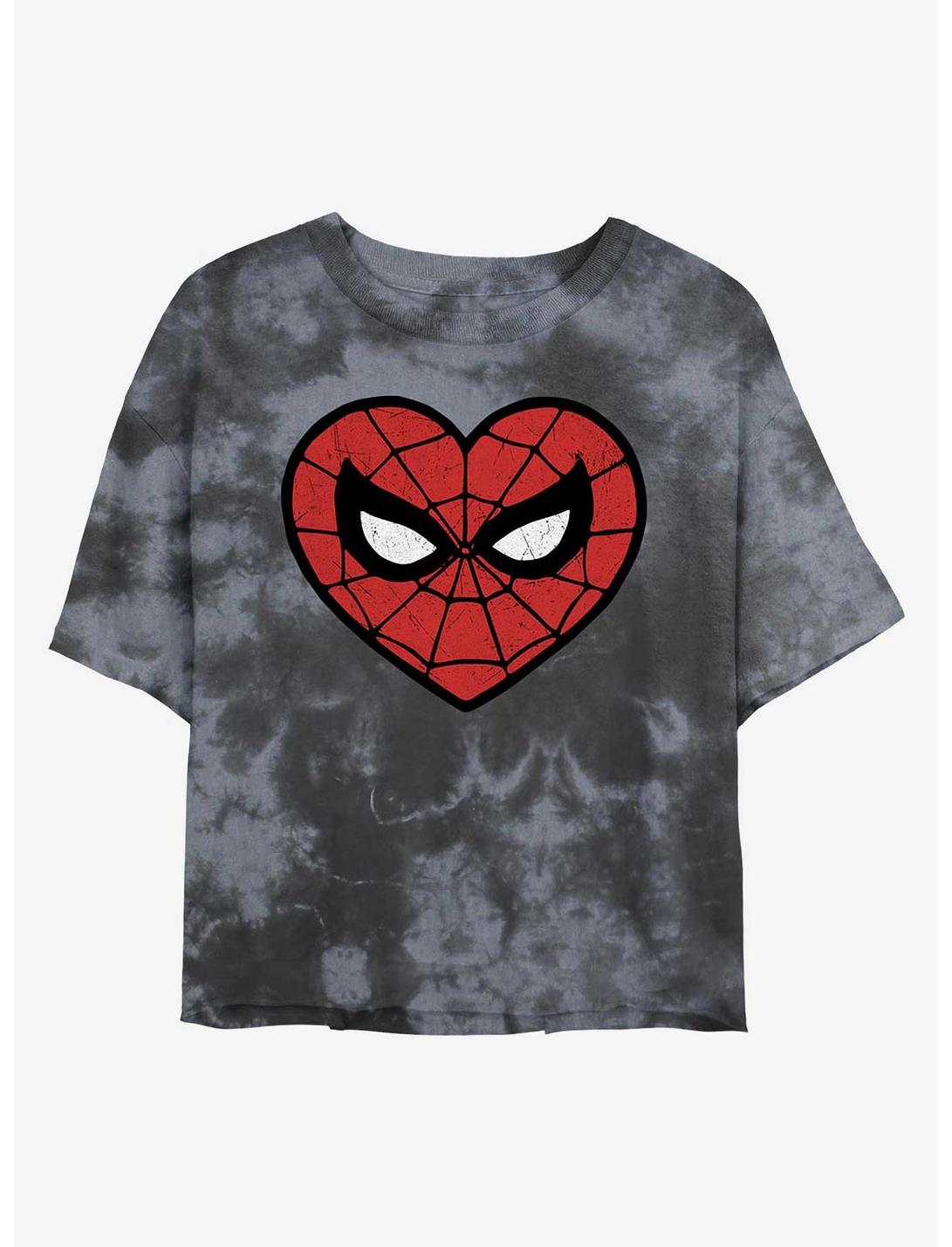 Marvel Spider-Man Heart Logo Womens Tie-Dye Crop T-Shirt, BLKCHAR, hi-res