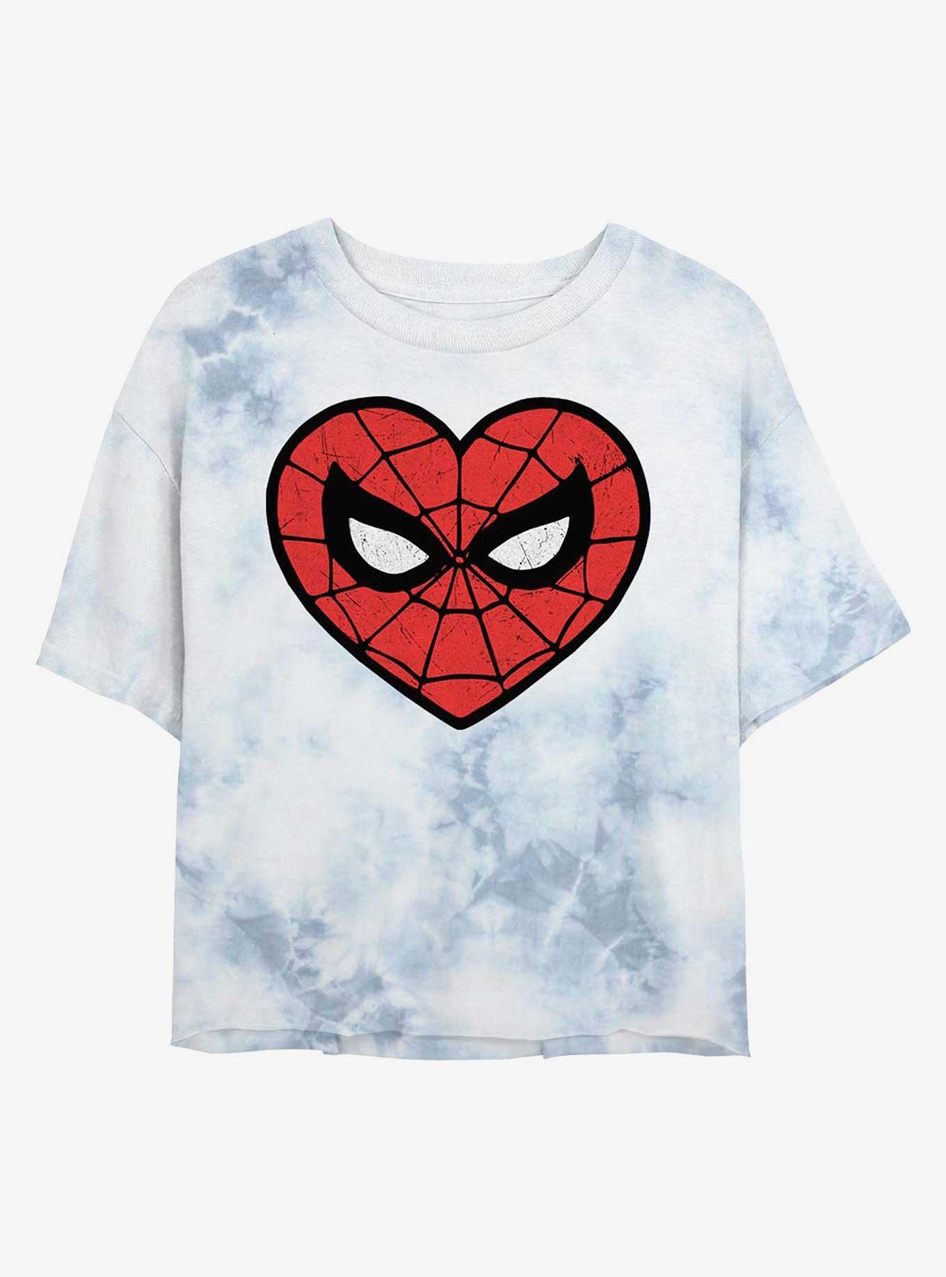 Marvel Spider-Man Heart Logo Womens Tie-Dye Crop T-Shirt, , hi-res