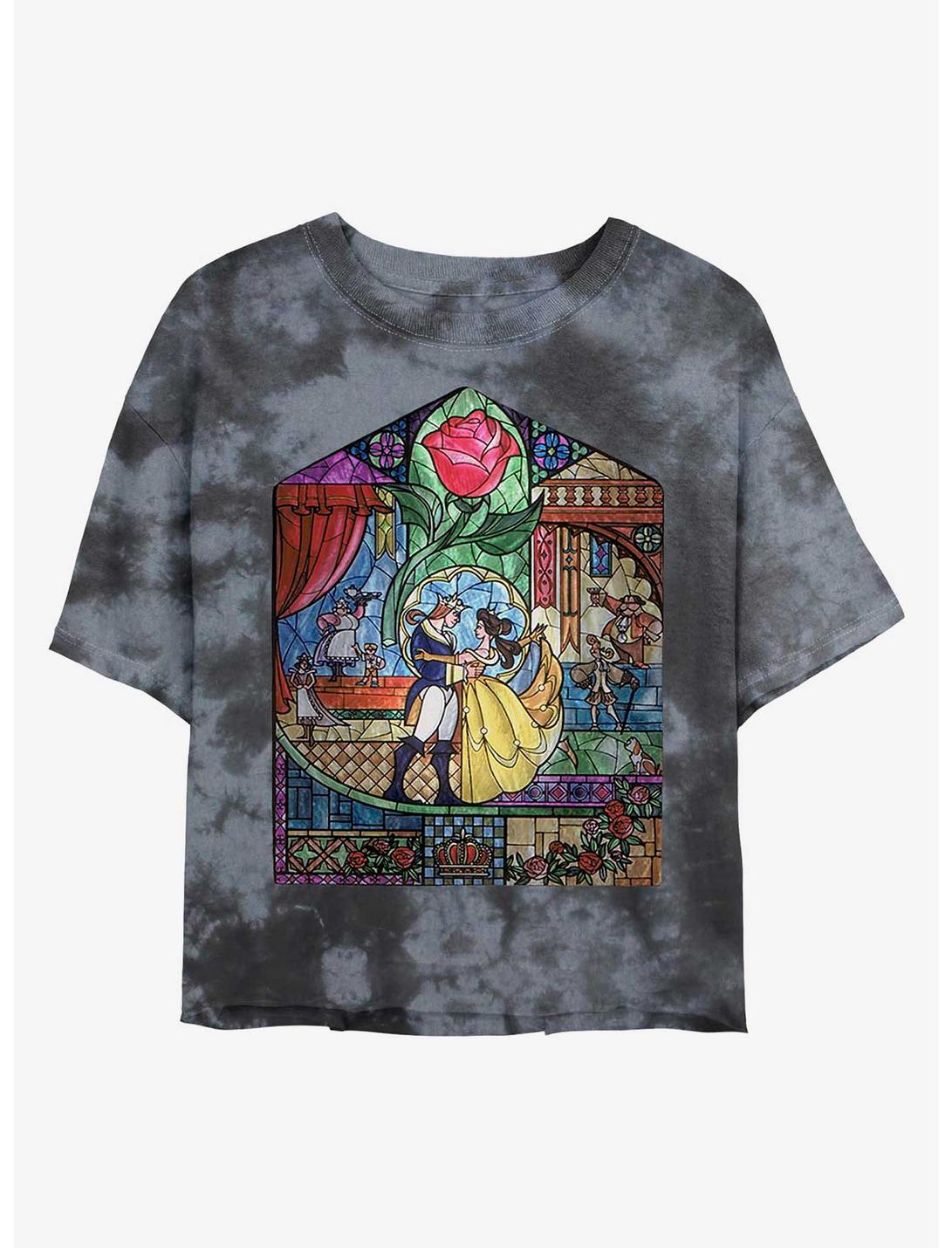 Disney Beauty And The Beast Stained Glass Womens Tie-Dye Crop T-Shirt, BLKCHAR, hi-res