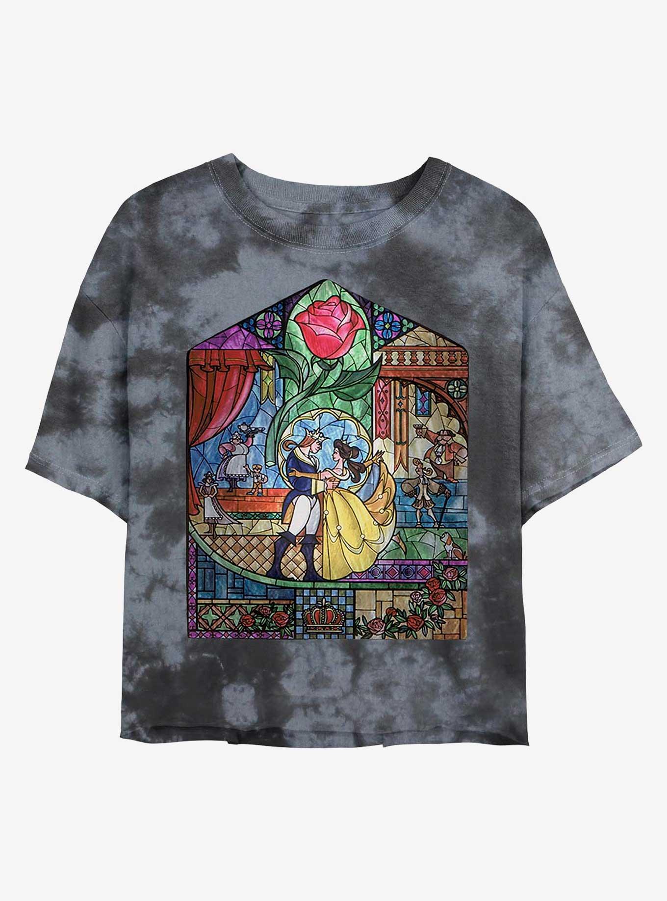 Disney Beauty And The Beast Stained Glass Womens Tie-Dye Crop T-Shirt, BLKCHAR, hi-res