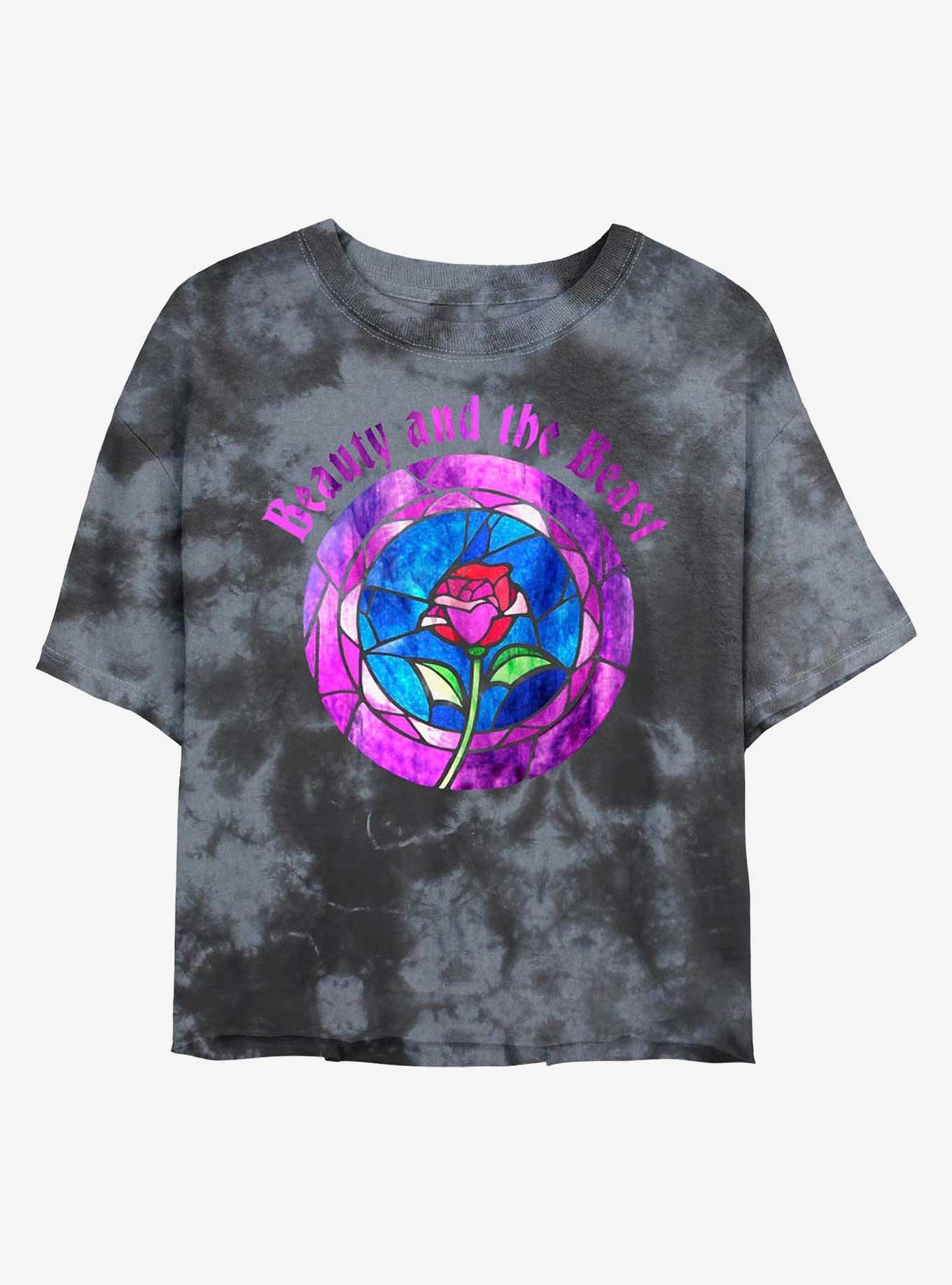 Disney Beauty And The Beast Glass Rose Womens Tie-Dye Crop T-Shirt, BLKCHAR, hi-res