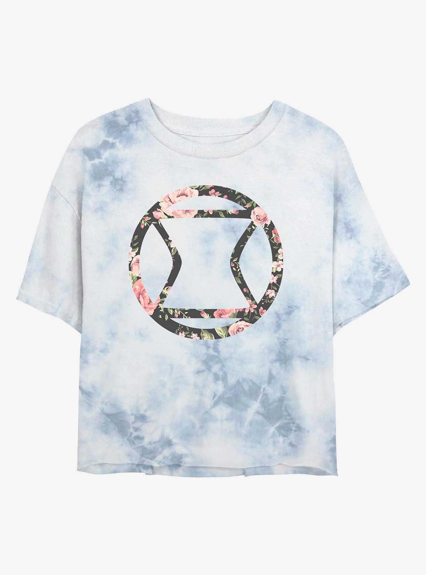 Marvel Black Widow Logo Floral Womens Tie-Dye Crop T-Shirt, WHITEBLUE, hi-res