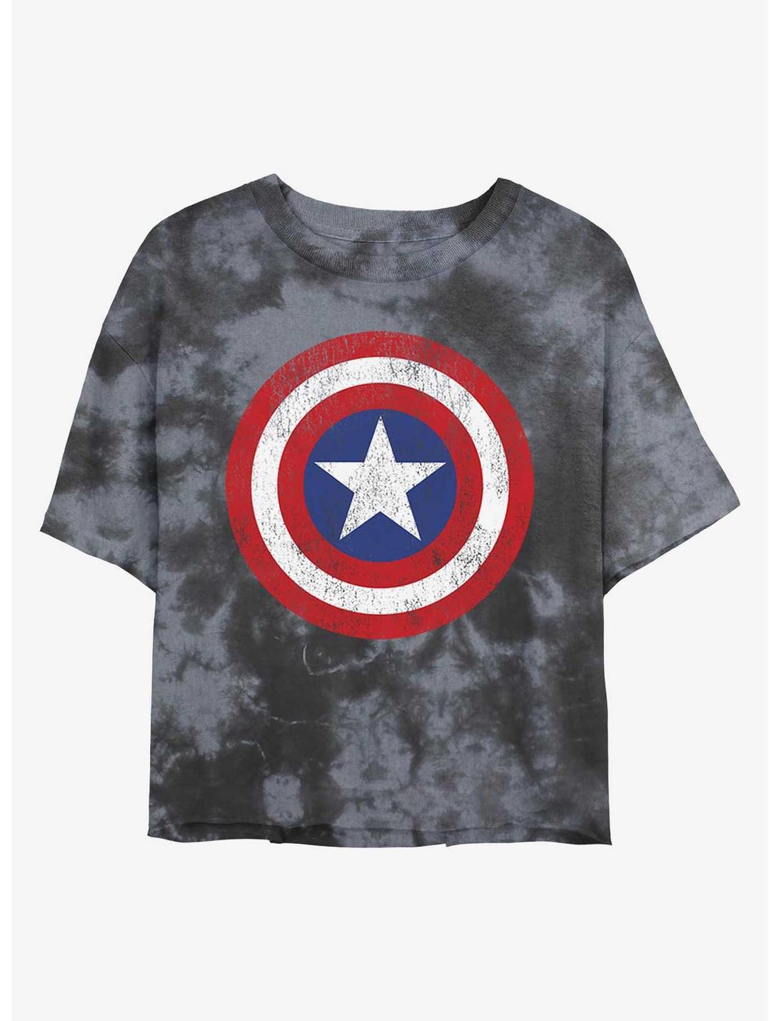 Marvel Captain America Distressed Shield Womens Tie-Dye Crop T-Shirt, BLKCHAR, hi-res