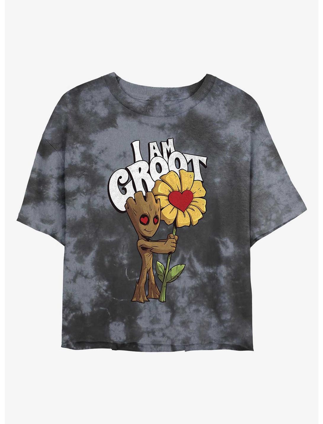 Marvel Guardians Of The Galaxy Flower Groot Womens Tie-Dye Crop T-Shirt, BLKCHAR, hi-res