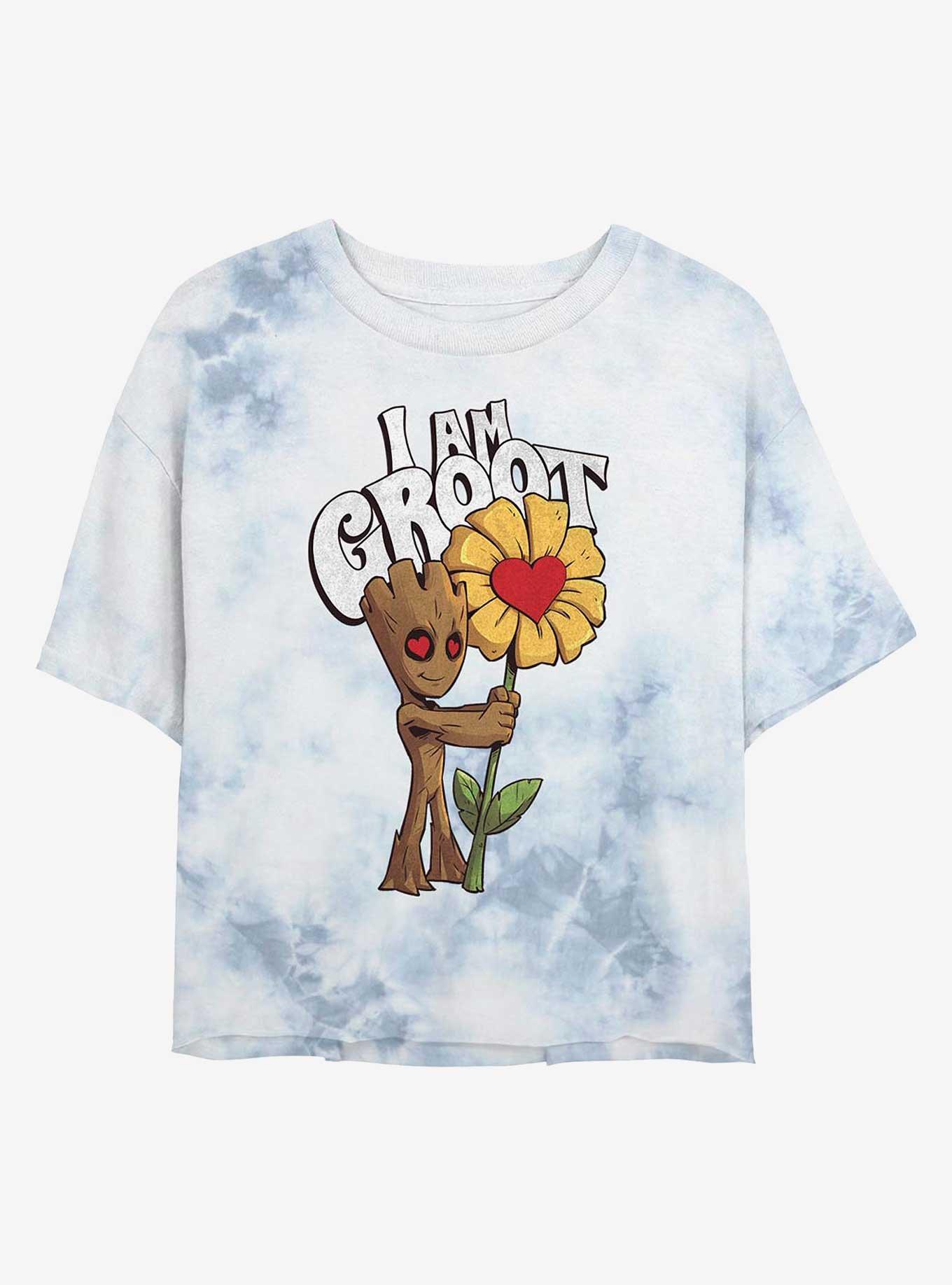 Marvel Guardians Of The Galaxy Flower Groot Womens Tie-Dye Crop T-Shirt, WHITEBLUE, hi-res