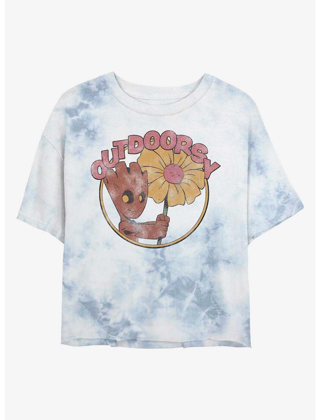 Marvel Guardians Of The Galaxy Outdoorsy Groot Womens Tie-Dye Crop T-Shirt, WHITEBLUE, hi-res