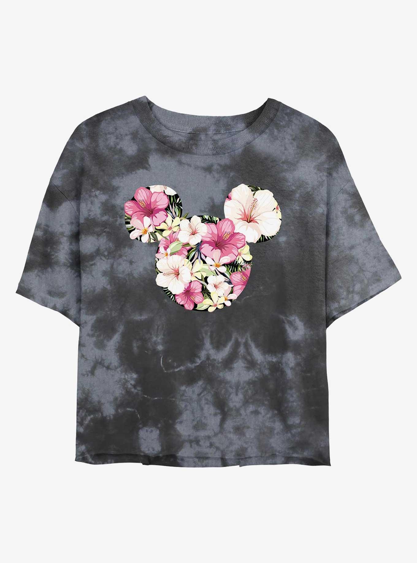 Disney Mickey Mouse Tropical Flower Womens Tie-Dye Crop T-Shirt, BLKCHAR, hi-res