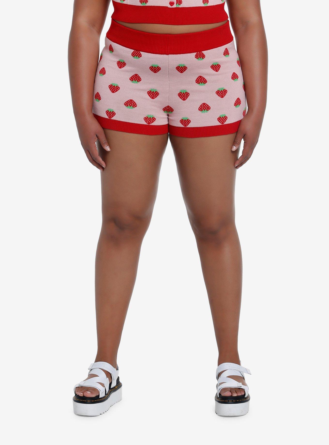 Strawberry Intarsia Knit Shorts Plus Size, , hi-res
