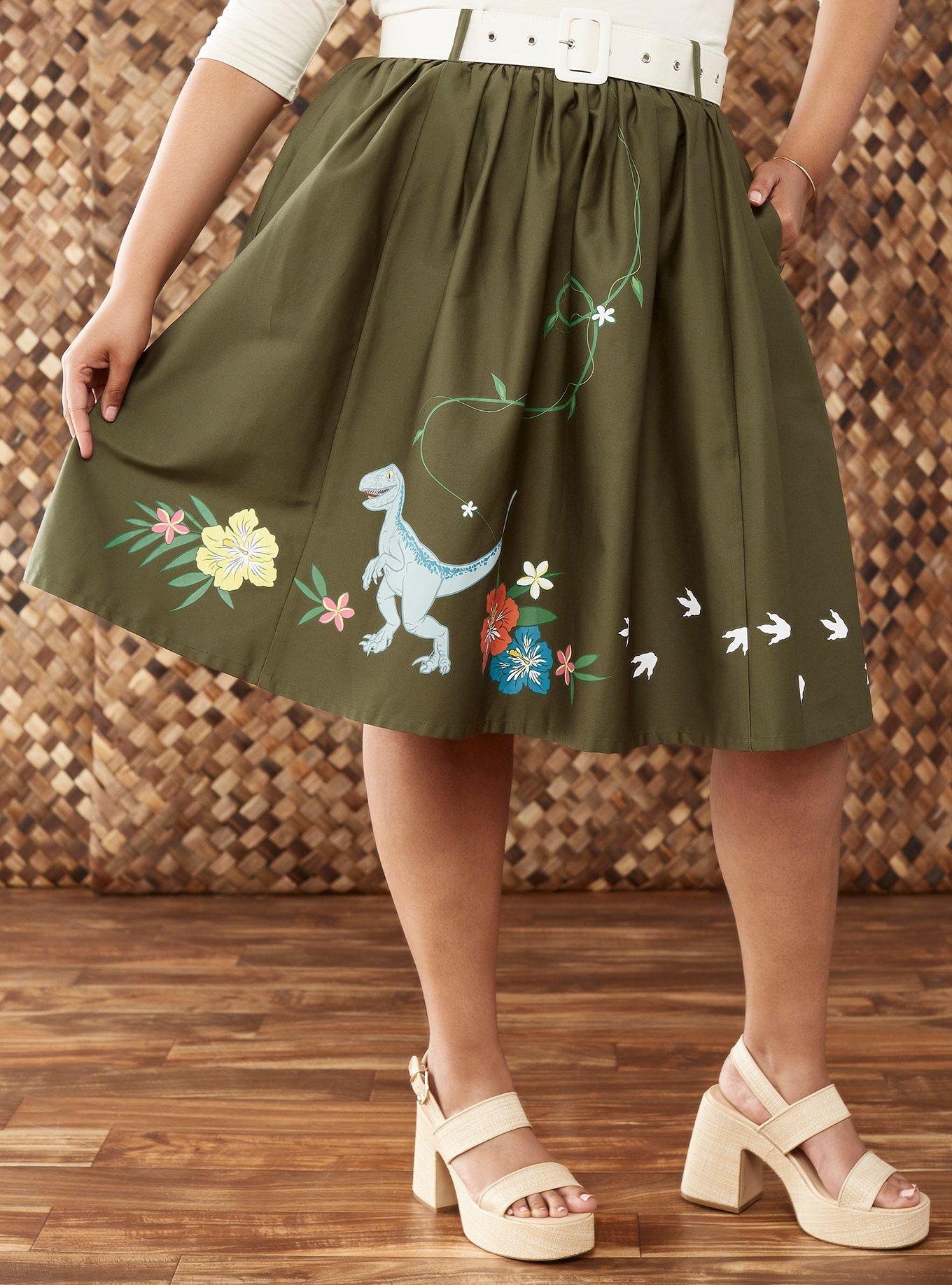 Her Universe Jurassic World Blue Retro Belt Midi Skirt Plus Size Her Universe Exclusive, DARK GREEN, hi-res