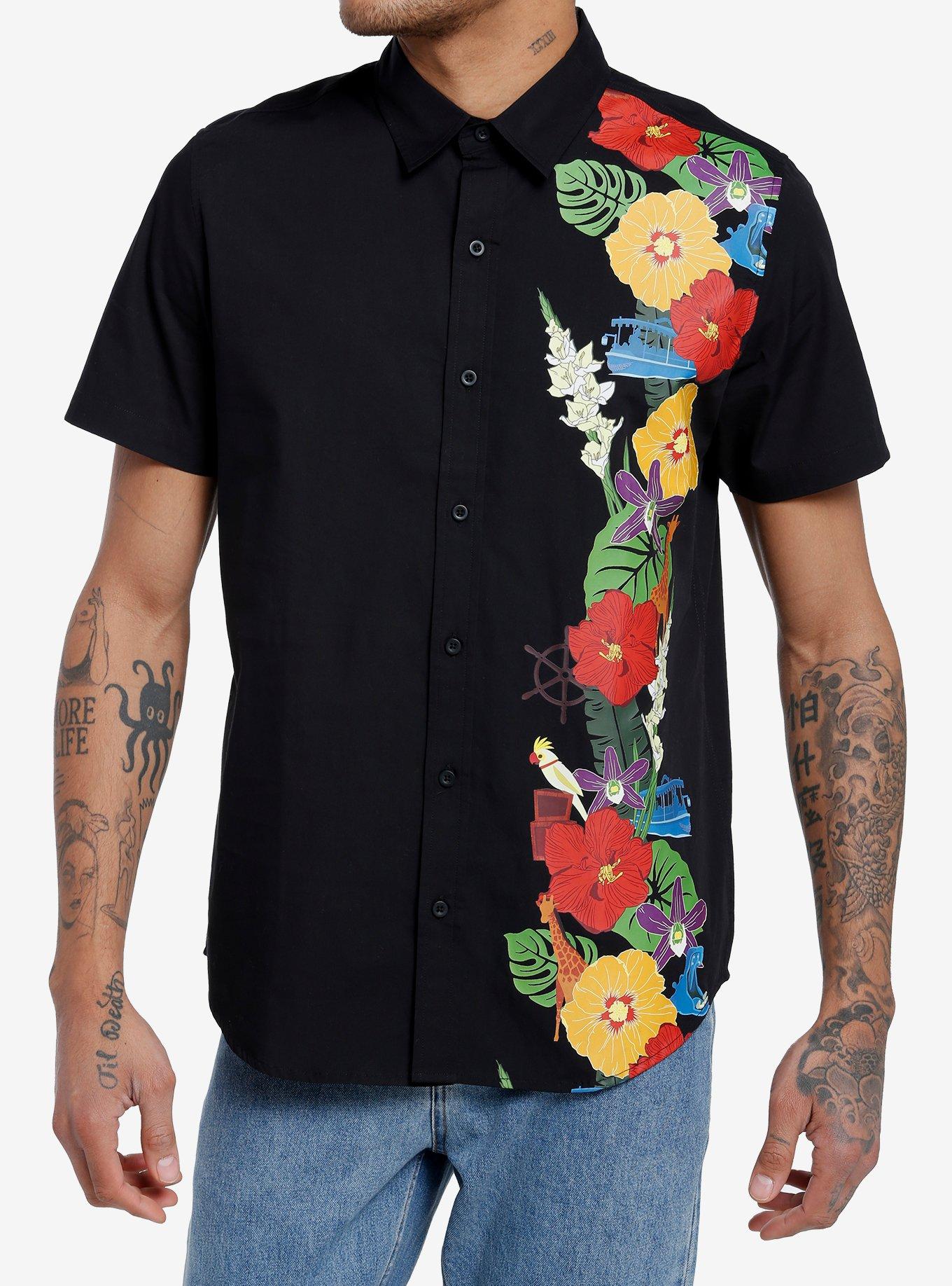 Our Universe Disney Jungle Cruise Tropical Woven Button-Up Our Universe Exclusive, BLACK FLORAL, hi-res