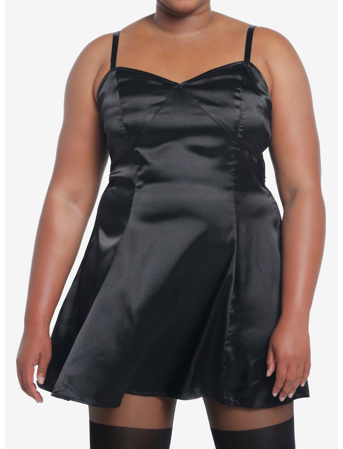 Social Collision Black Satin Slip Dress Plus Size, BLACK, hi-res
