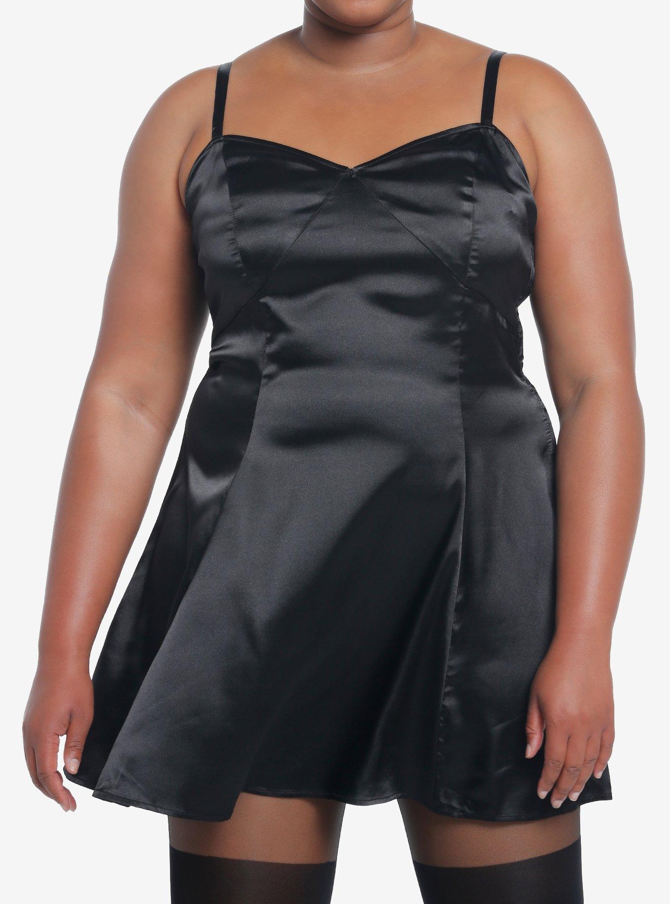 Social Collision Black Satin Slip Dress Plus Size, , hi-res