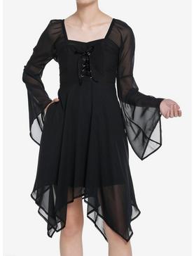 Cosmic Aura Black Lace-Up Bell Sleeve Dress, , hi-res
