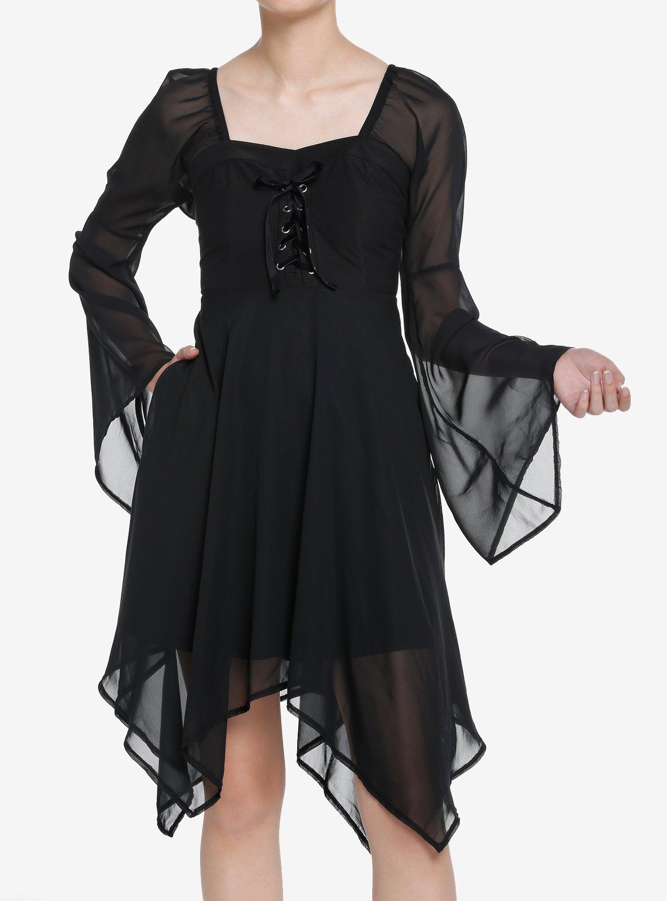 Cosmic Aura Black Lace-Up Bell Sleeve Dress | Hot Topic
