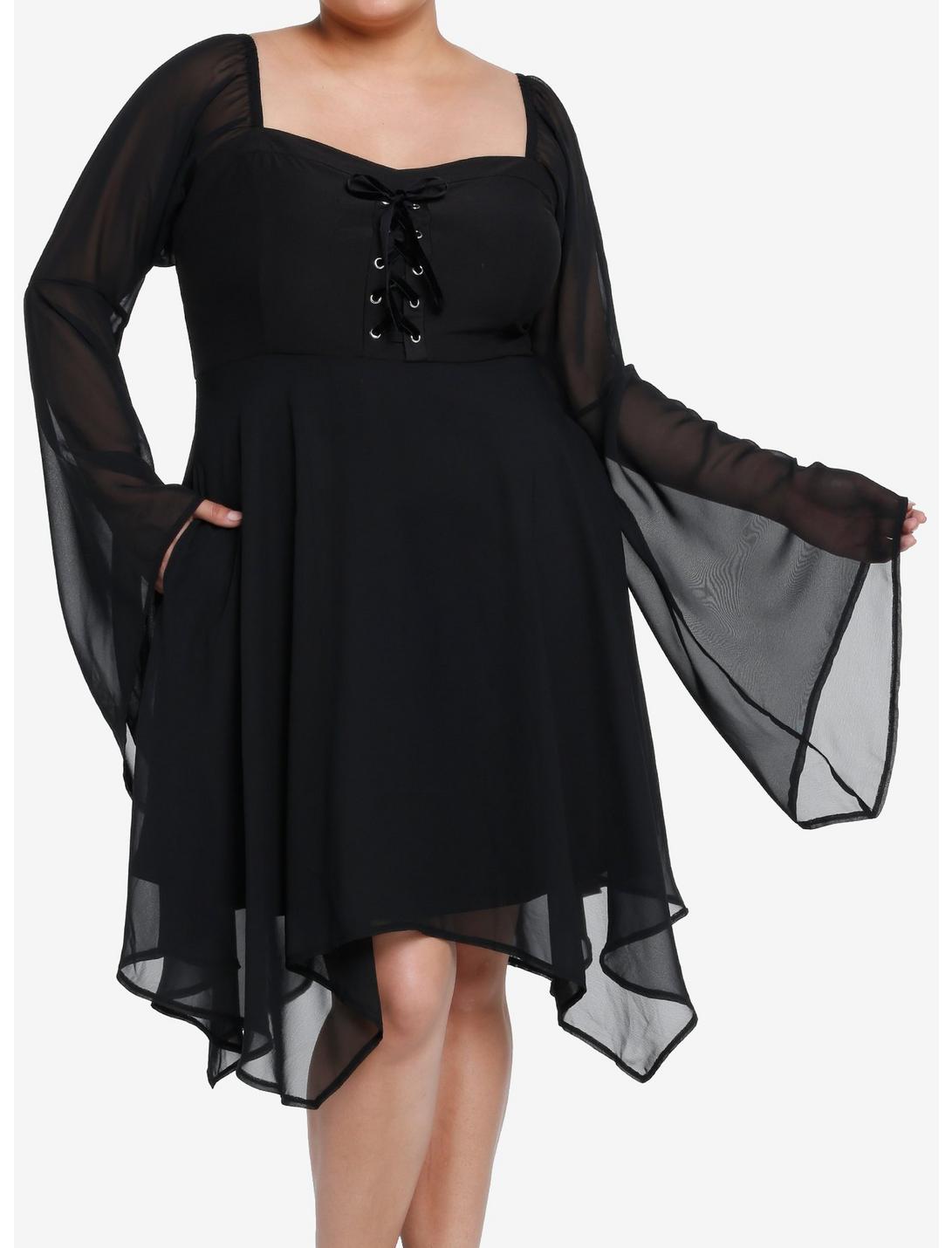 Cosmic Aura Black Lace-Up Bell Sleeve Dress Plus Size, BLACK, hi-res