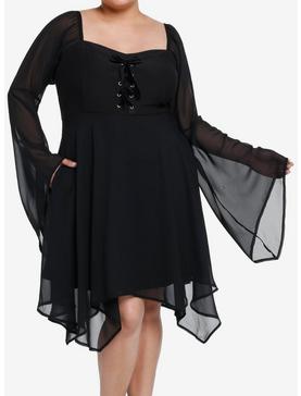 Cosmic Aura Black Lace-Up Bell Sleeve Dress Plus Size, , hi-res