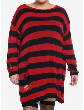 Social Collision Red & Black Distressed Sweater Dress Plus Size, , hi-res