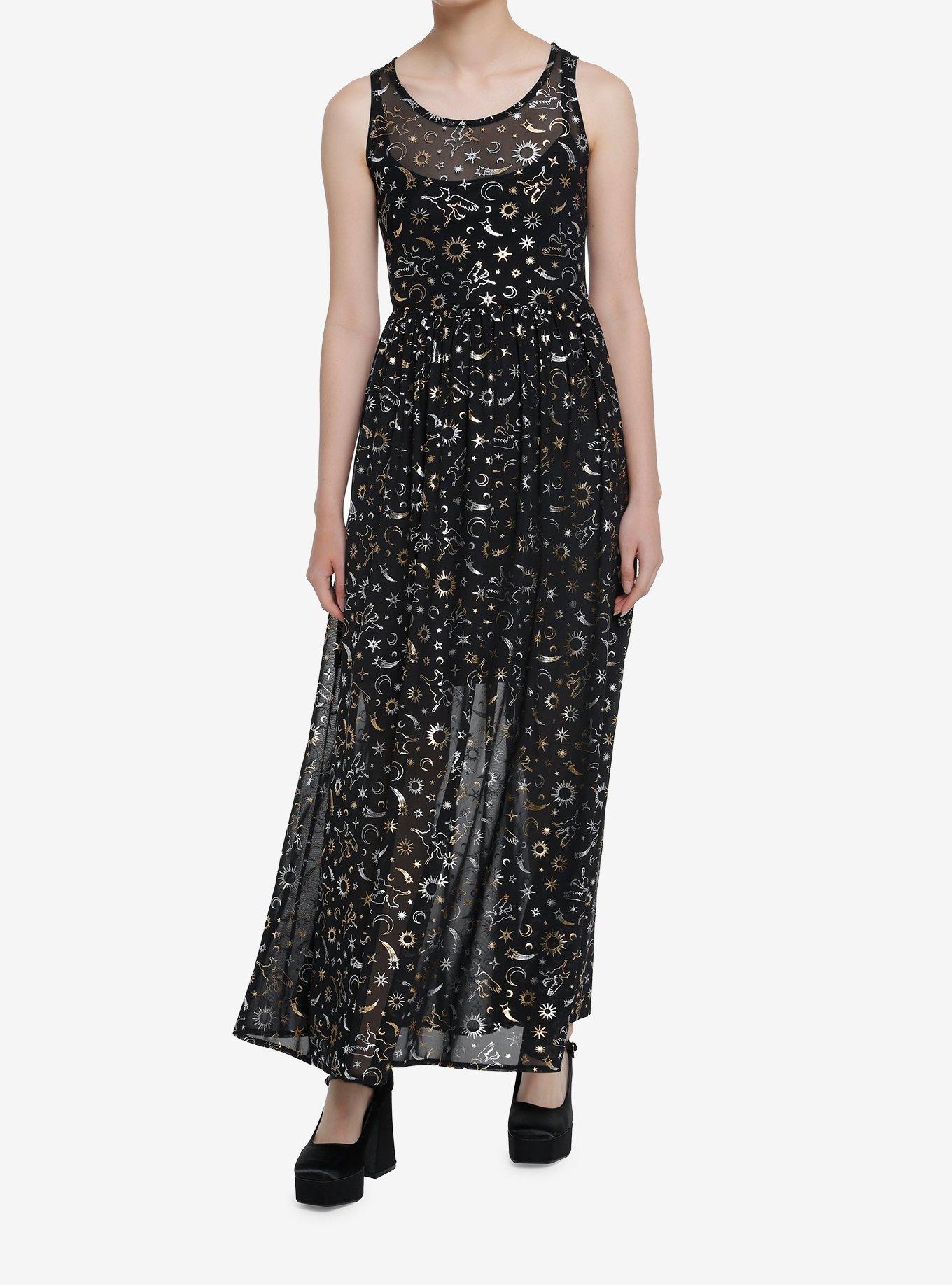 Cosmic Aura Astrology Foil Mesh Maxi Dress, BLACK, hi-res