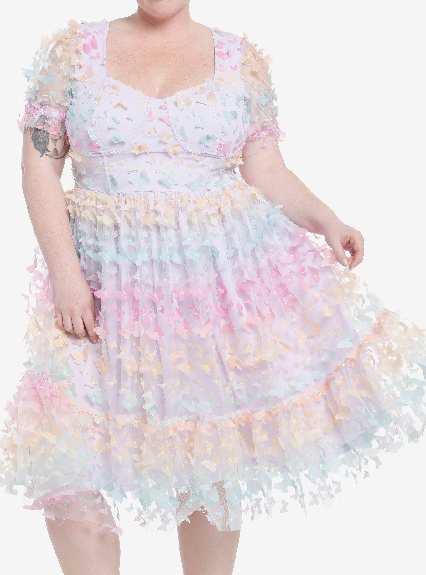 Sweet Society Pastel Butterfly Mesh Puff Sleeve Dress Plus Size, LAVENDER, hi-res