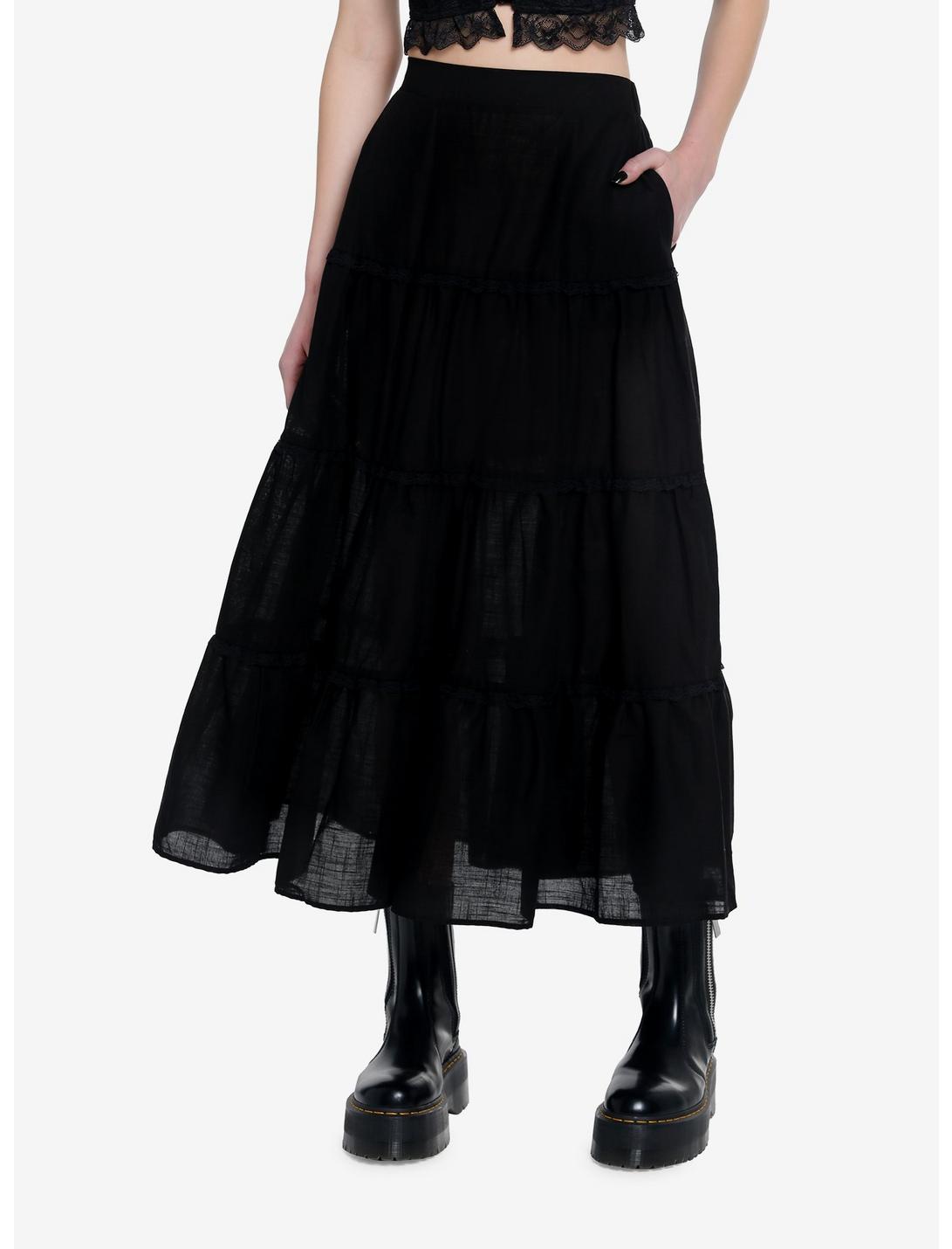 Black Tiered Midi Skirt, BLACK, hi-res
