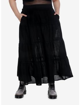 Black Tiered Midi Skirt Plus Size, , hi-res