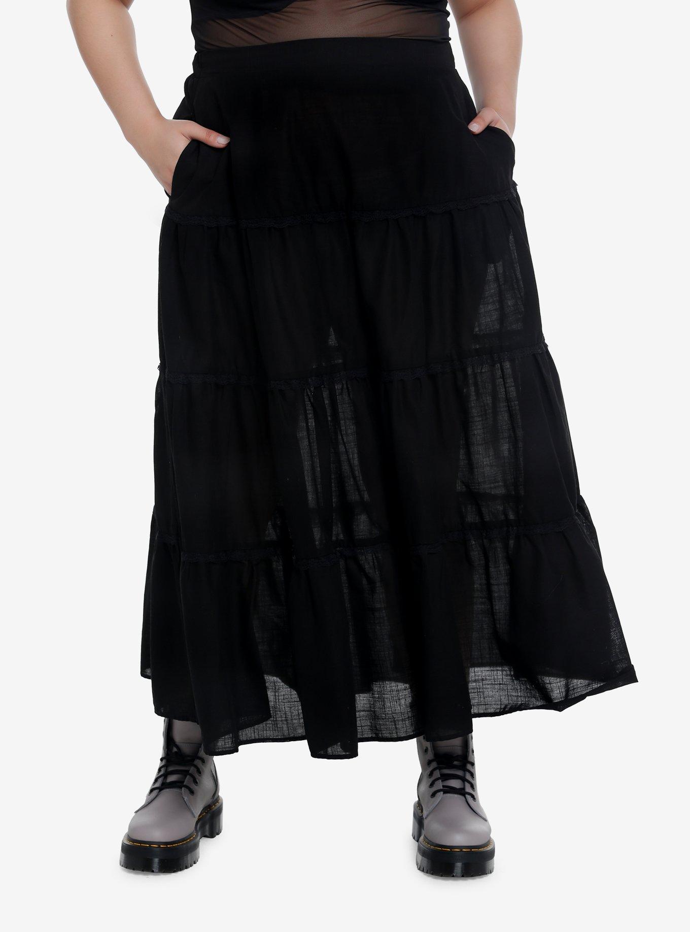 Black Tiered Midi Skirt Plus Size, , hi-res