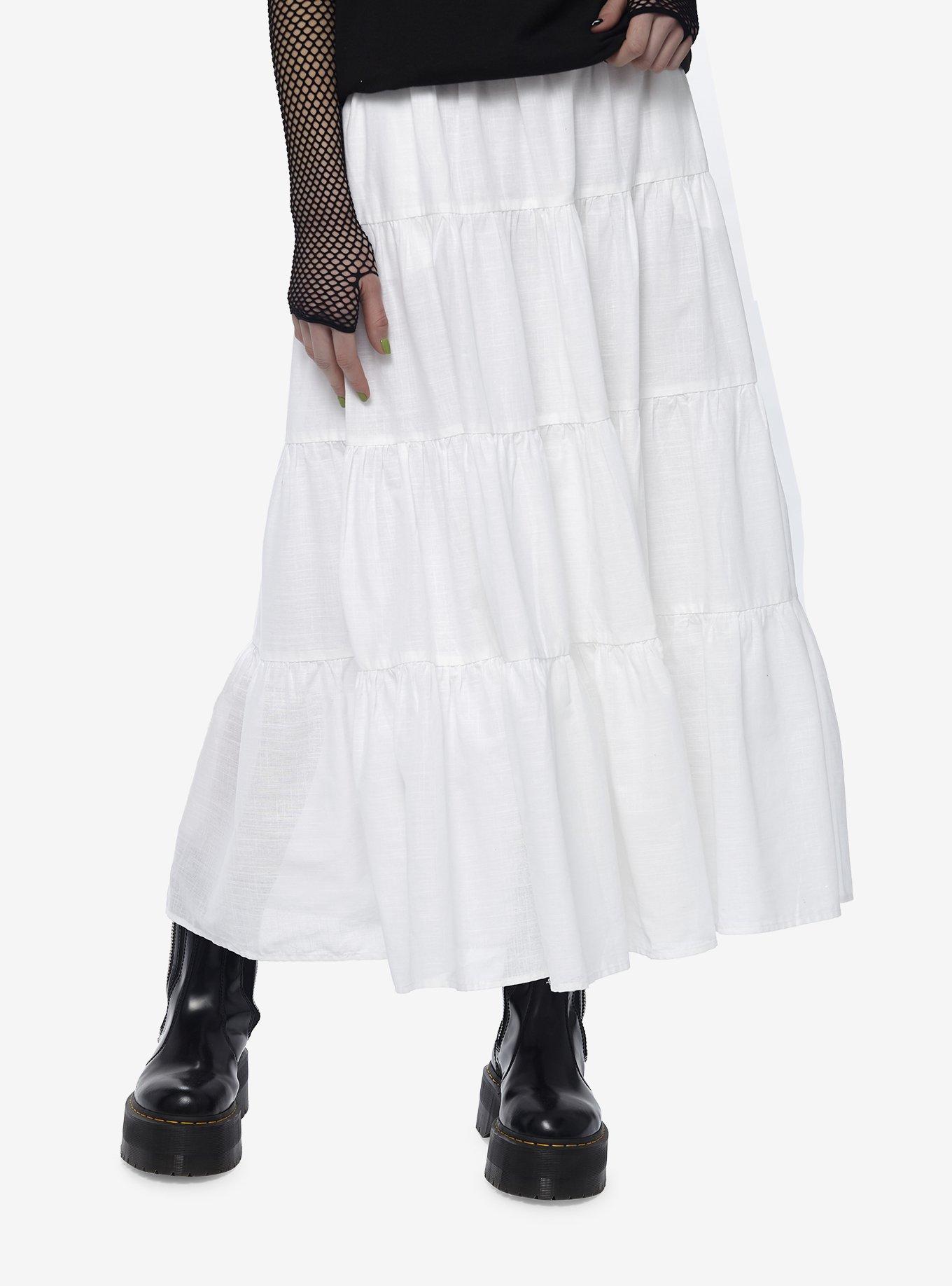 Thorn & Fable White Tiered Midi Skirt, WHITE, hi-res