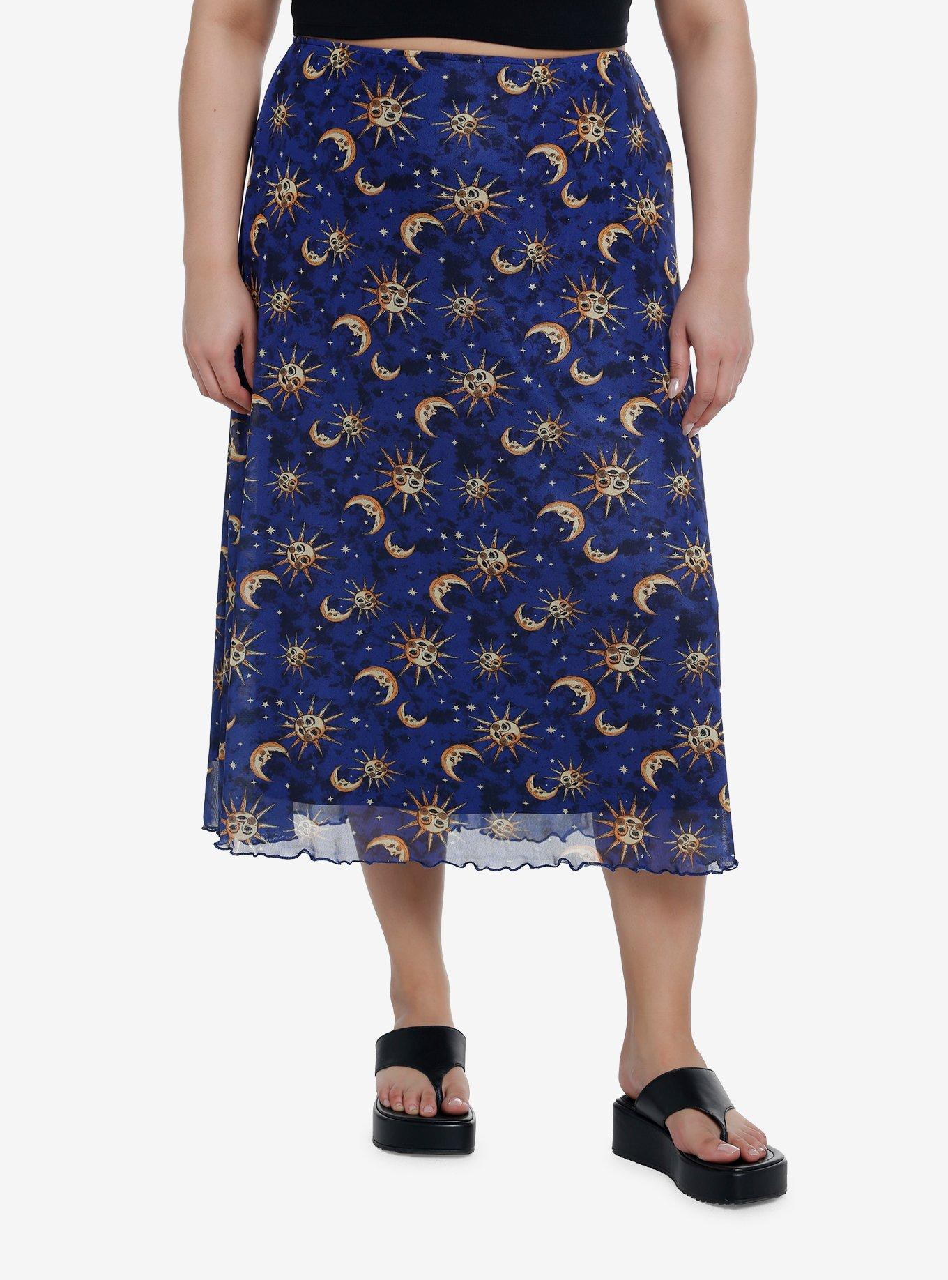 Cosmic Aura Blue Celestial Midi Skirt Plus Size, CELESTIAL, hi-res