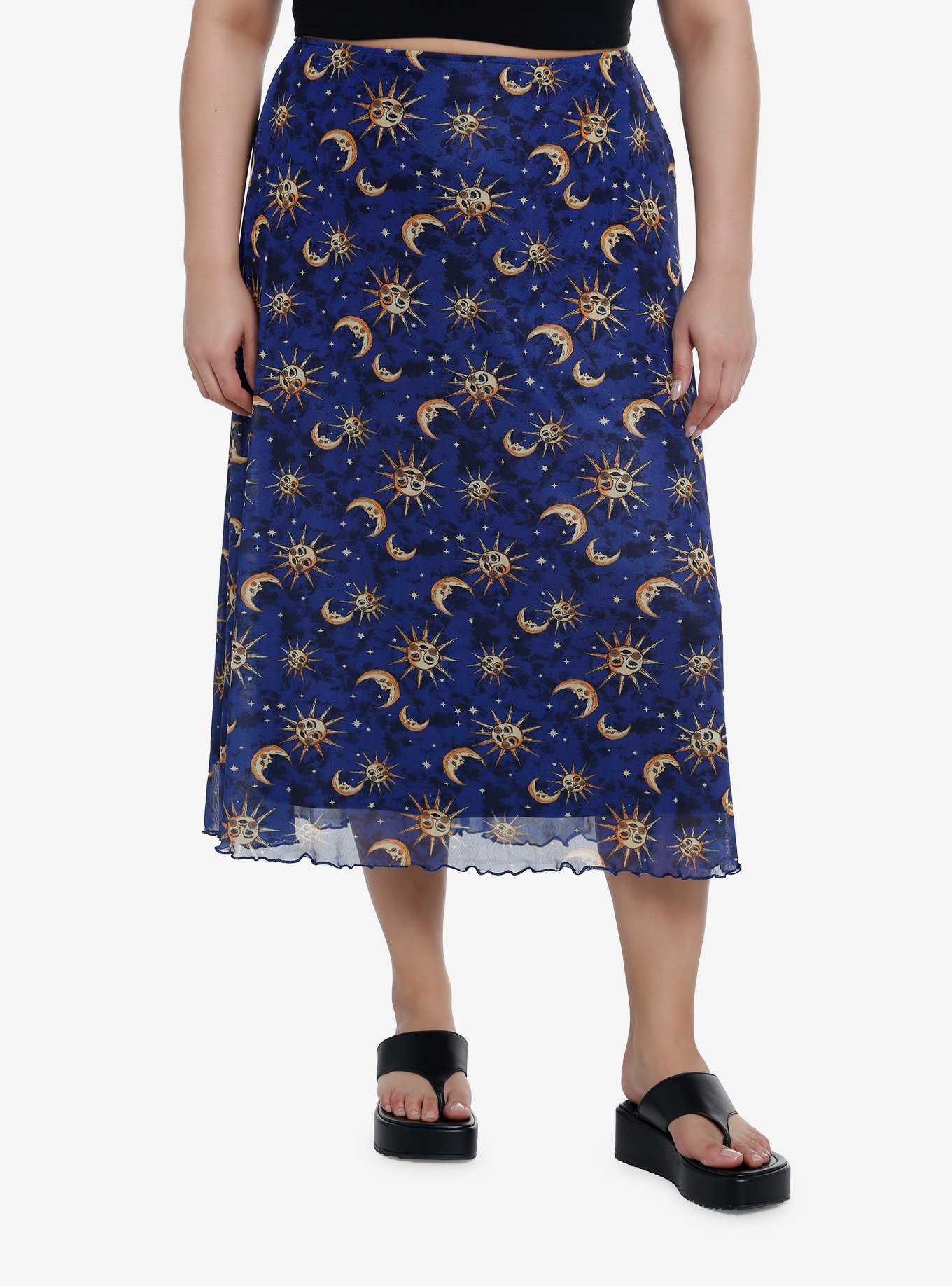 Cosmic Aura Blue Celestial Midi Skirt Plus Size, , hi-res