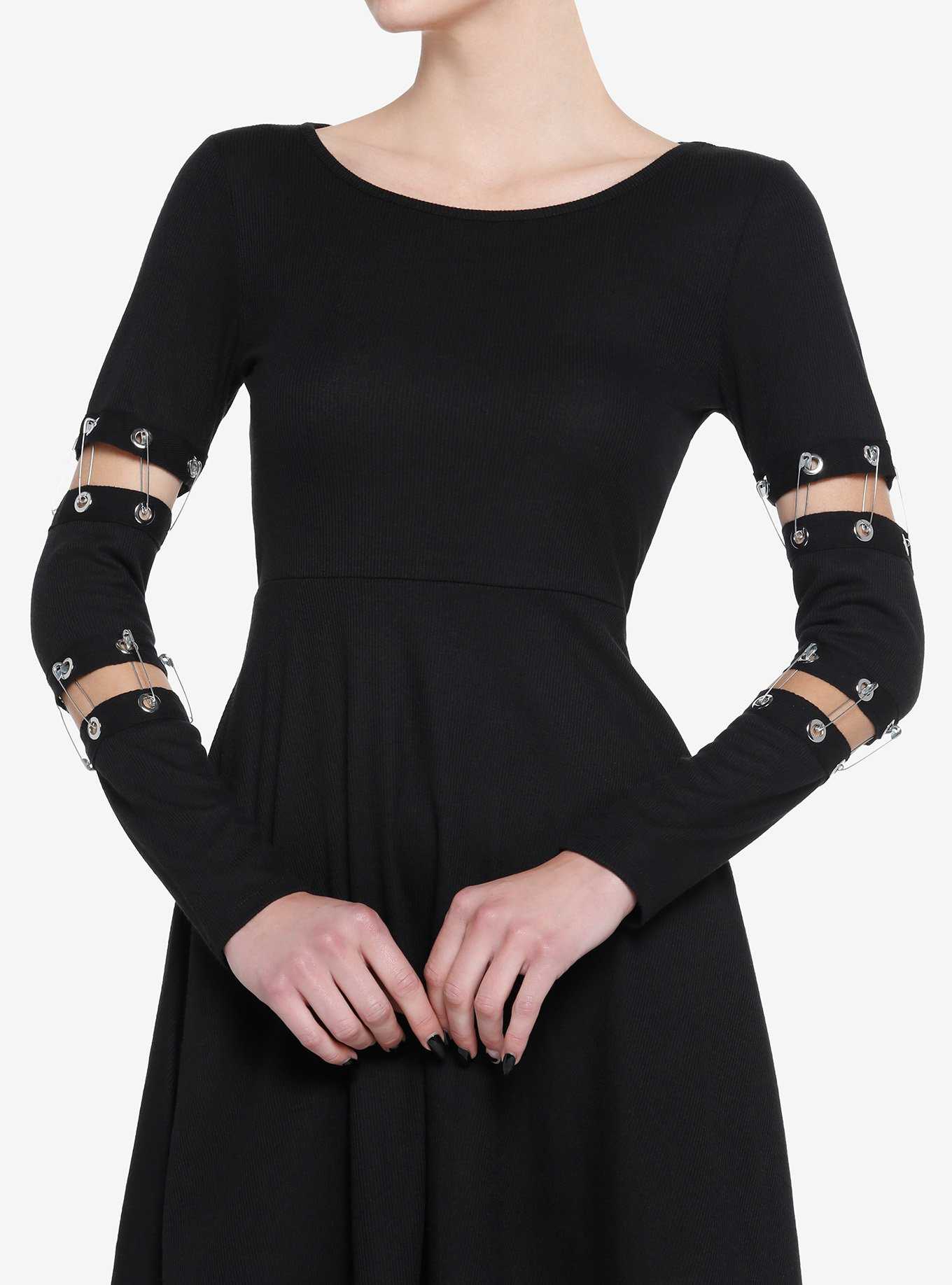Social Collision Black Grommet Safety Pin Skater Dress, , hi-res