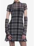 Social Collision Black & Gray Mesh Dress With Arm Warmers, PLAID - BLACK, hi-res