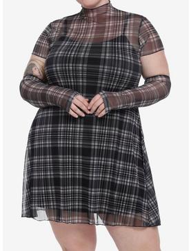 Social Collision Black & Gray Mesh Dress With Arm Warmers Plus Size, , hi-res